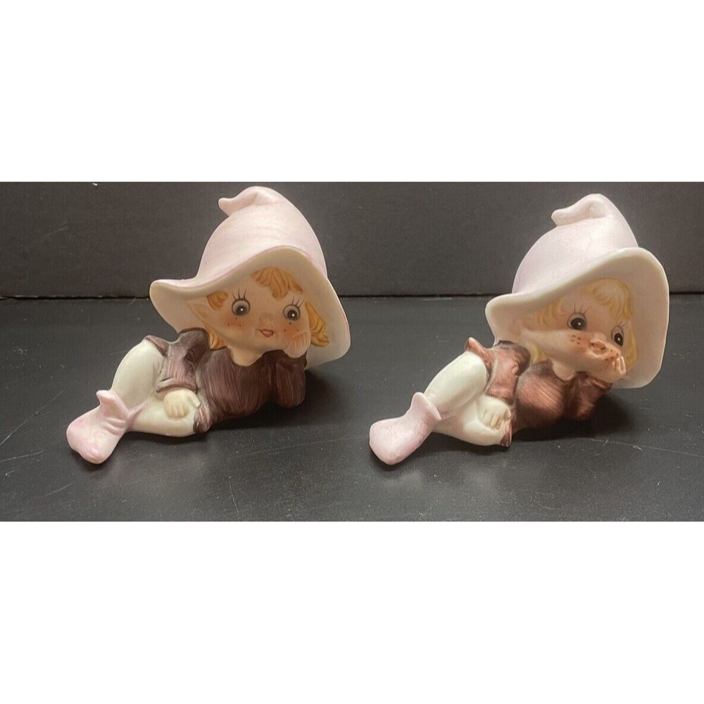 Vintage Homco Garden Pixie Elf Fairies Ceramic Figurines #5213 Set Of 2